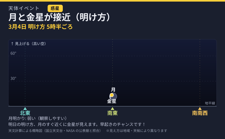 月と金星が接近（明け方） の見え方カード