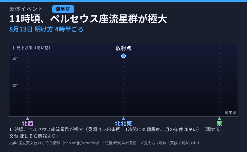 11時頃、ペルセウス座流星群が極大 の見え方カード